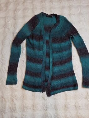 Fox Teal and Black Striped Open-Front Cardigan